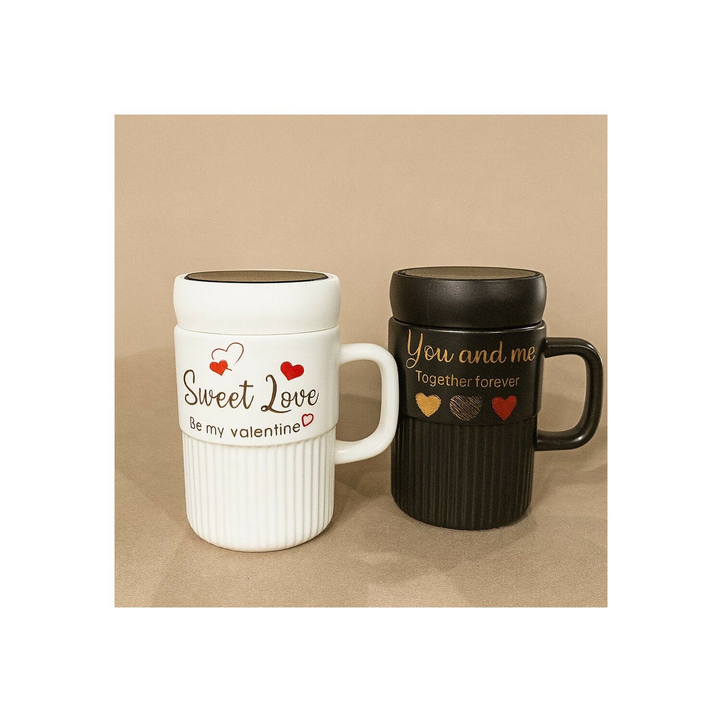Premium Sweet Love Ceramic Mug with Lid & Spoon | Romantic Valentine Gift Cup for Couples | Leak-Resistant Lid, Large Capacity Coffee/Tea Mug | “Sweet Love” & “You & Me” Printed Heart Design | Microwave Safe | Ideal for Gifting
