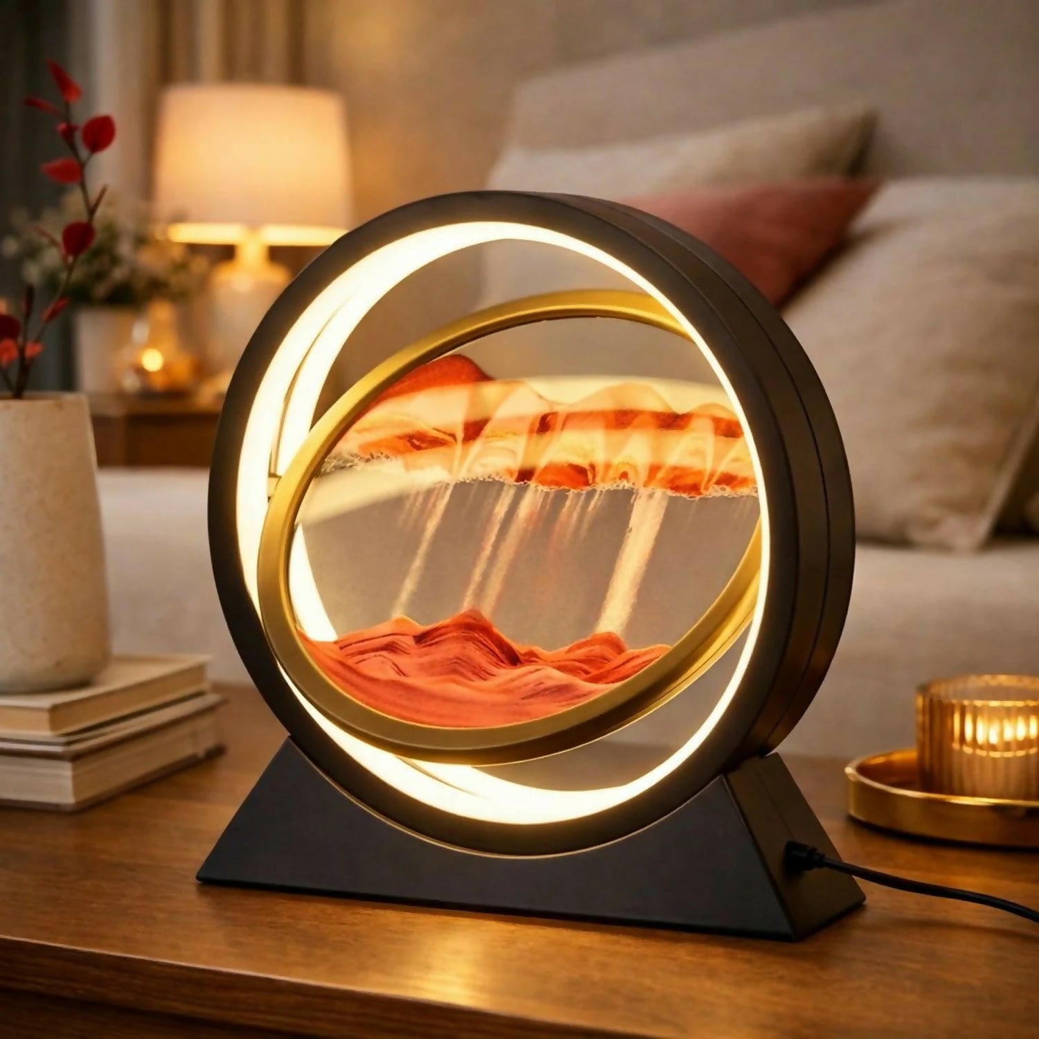 Stylish sand lamp with soft LED light on bedside table