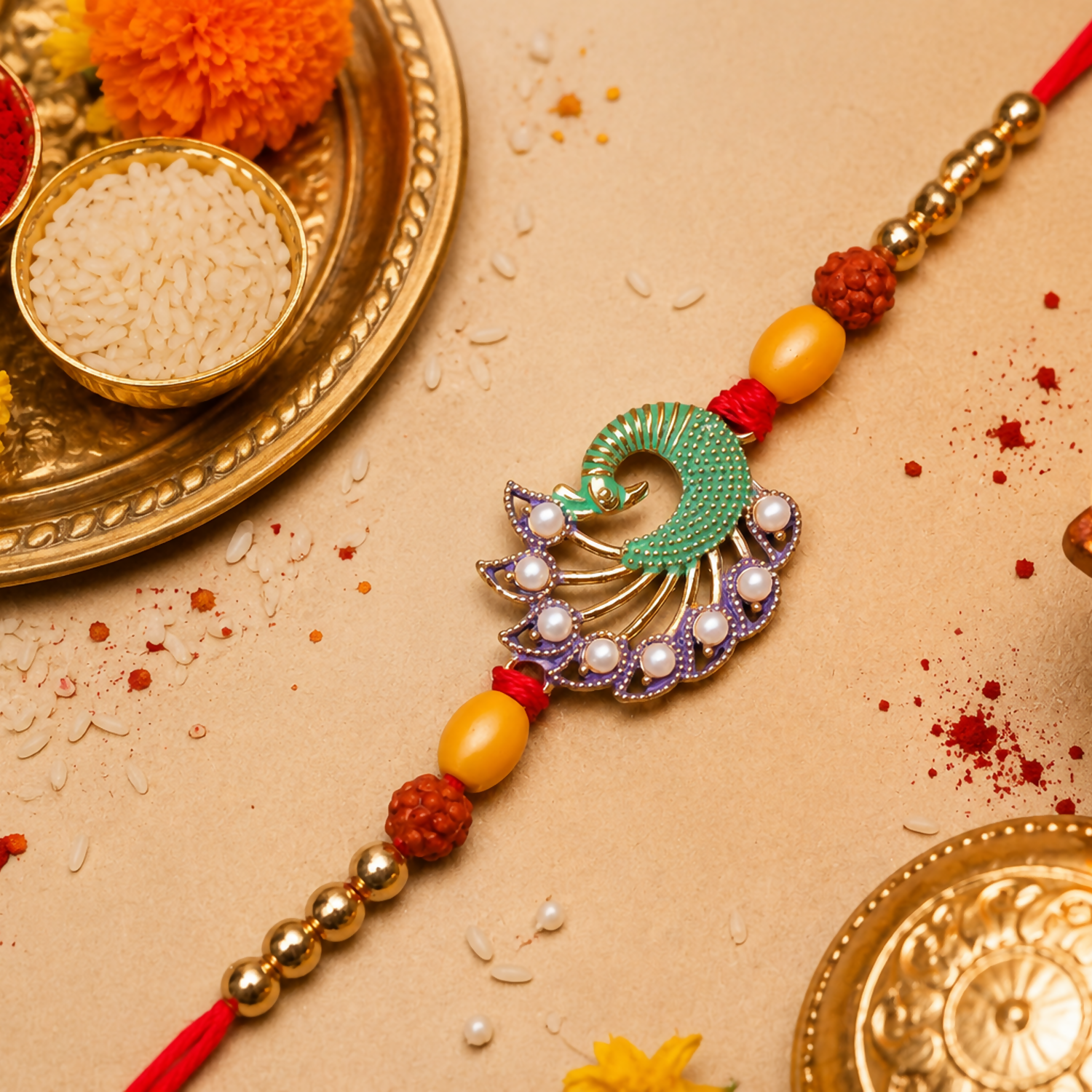 A red thread with gold beads and a central green and purple peacock design with white pearls rests on a light brown surface
