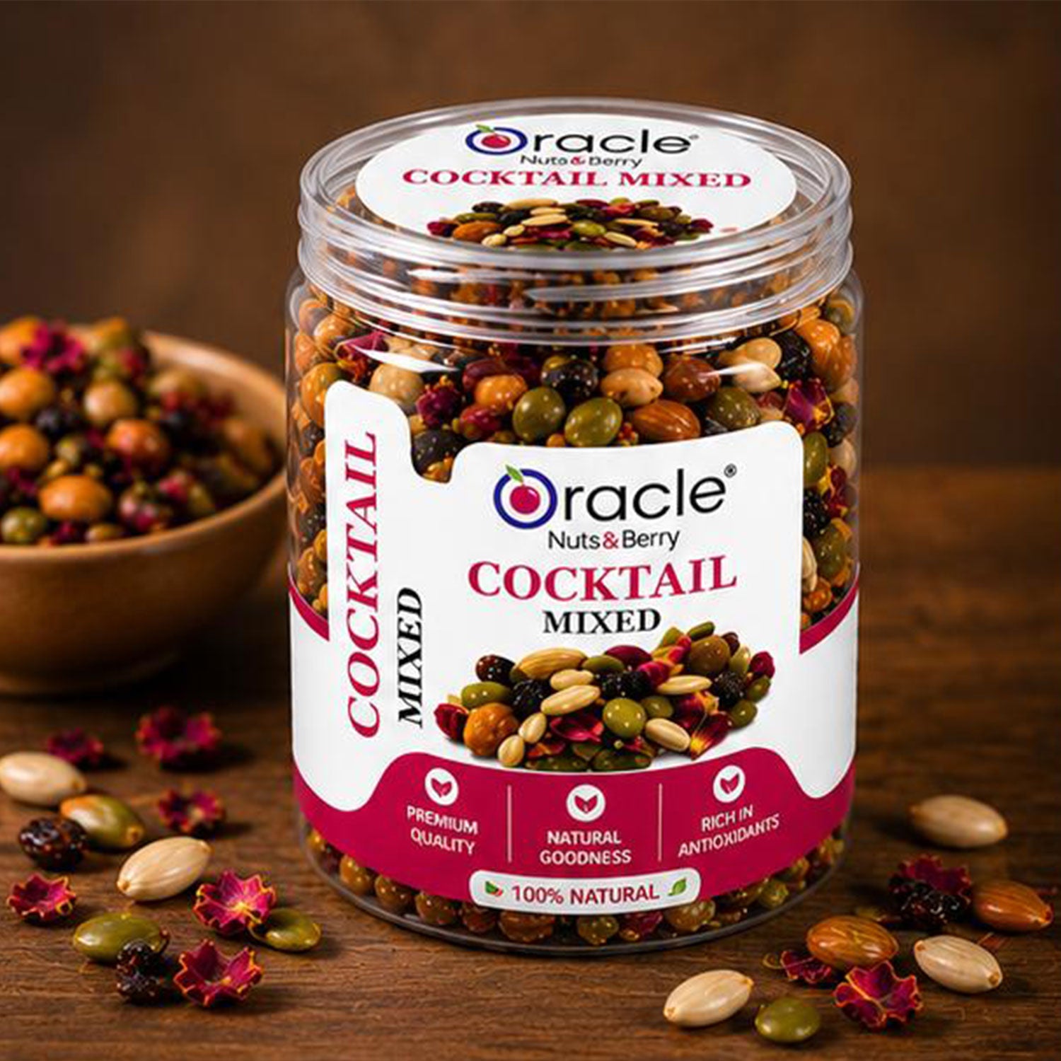 Assorted nuts and seeds in a crunchy party snack mix.