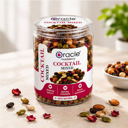 Crunchy Oracle cocktail mix with nuts, seeds, and savory bites for parties.