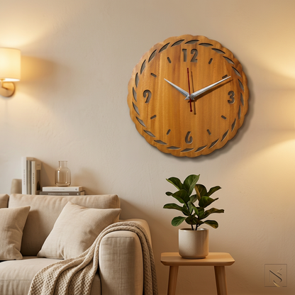 Modern Orbit wooden wall clock on a minimalist white wall