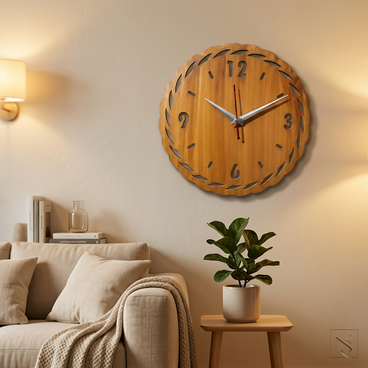 Modern Orbit wooden wall clock on a minimalist white wall