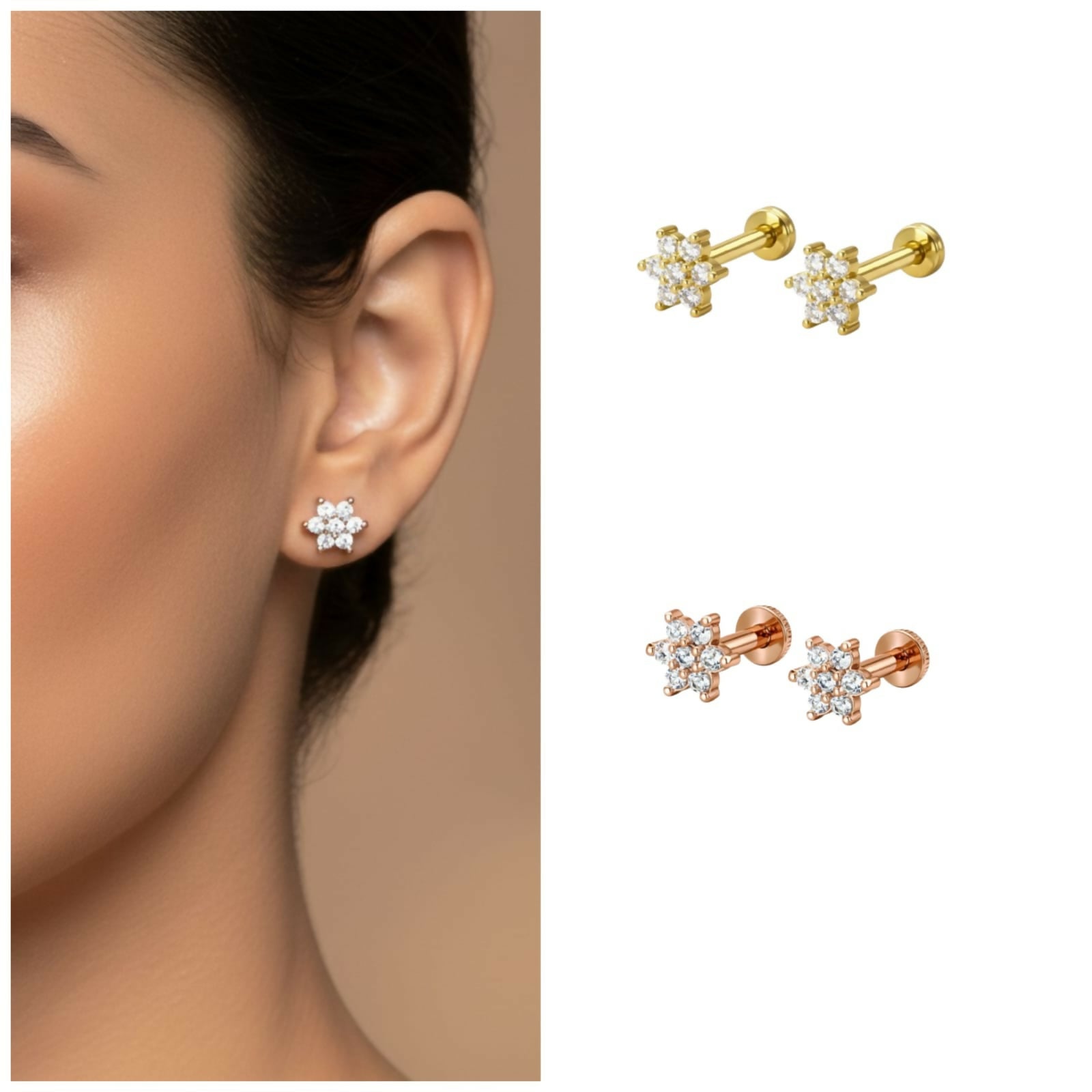 Close-up of tiny flower stud earring in gold plating with brilliant-cut crystals