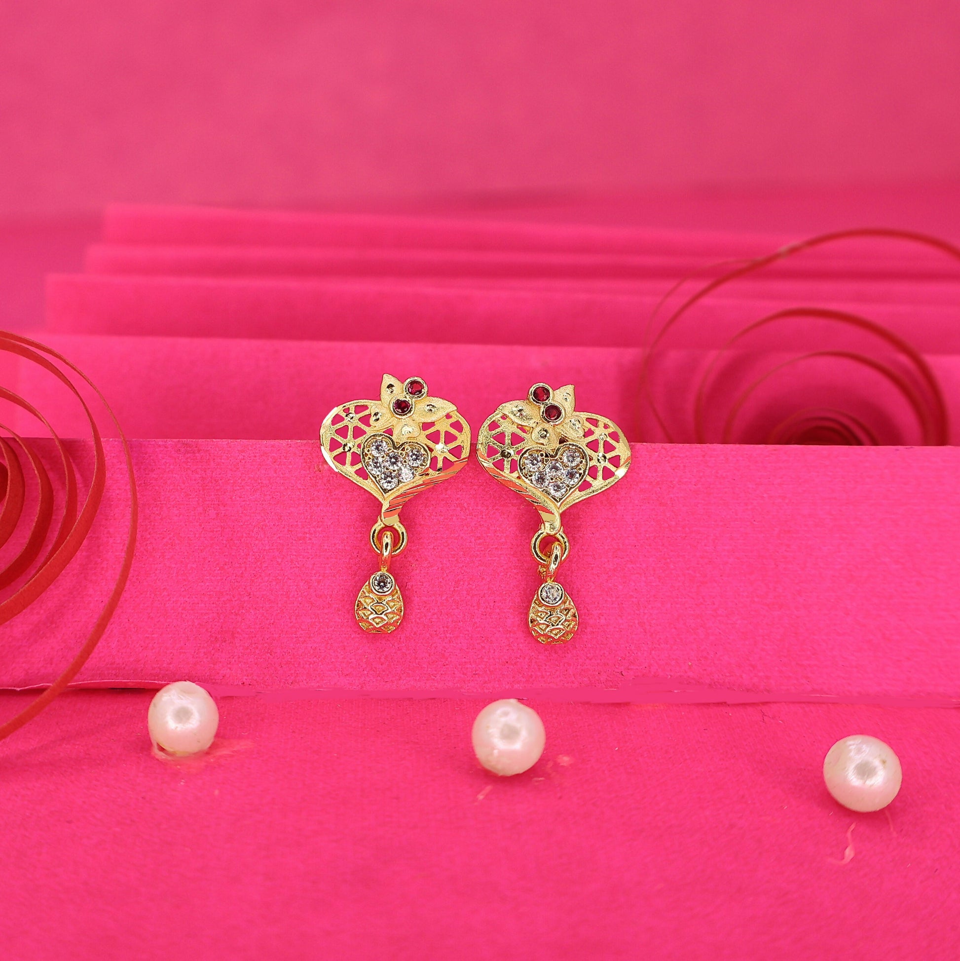 Heart Filigree Gold-Plated Stud Earrings with AD for women and girls