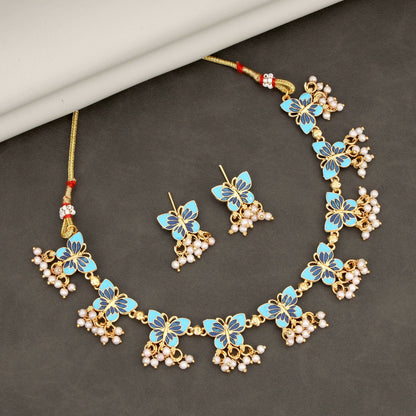 Gold-Plated Meenakari Butterfly Motif Necklace and Earring Set