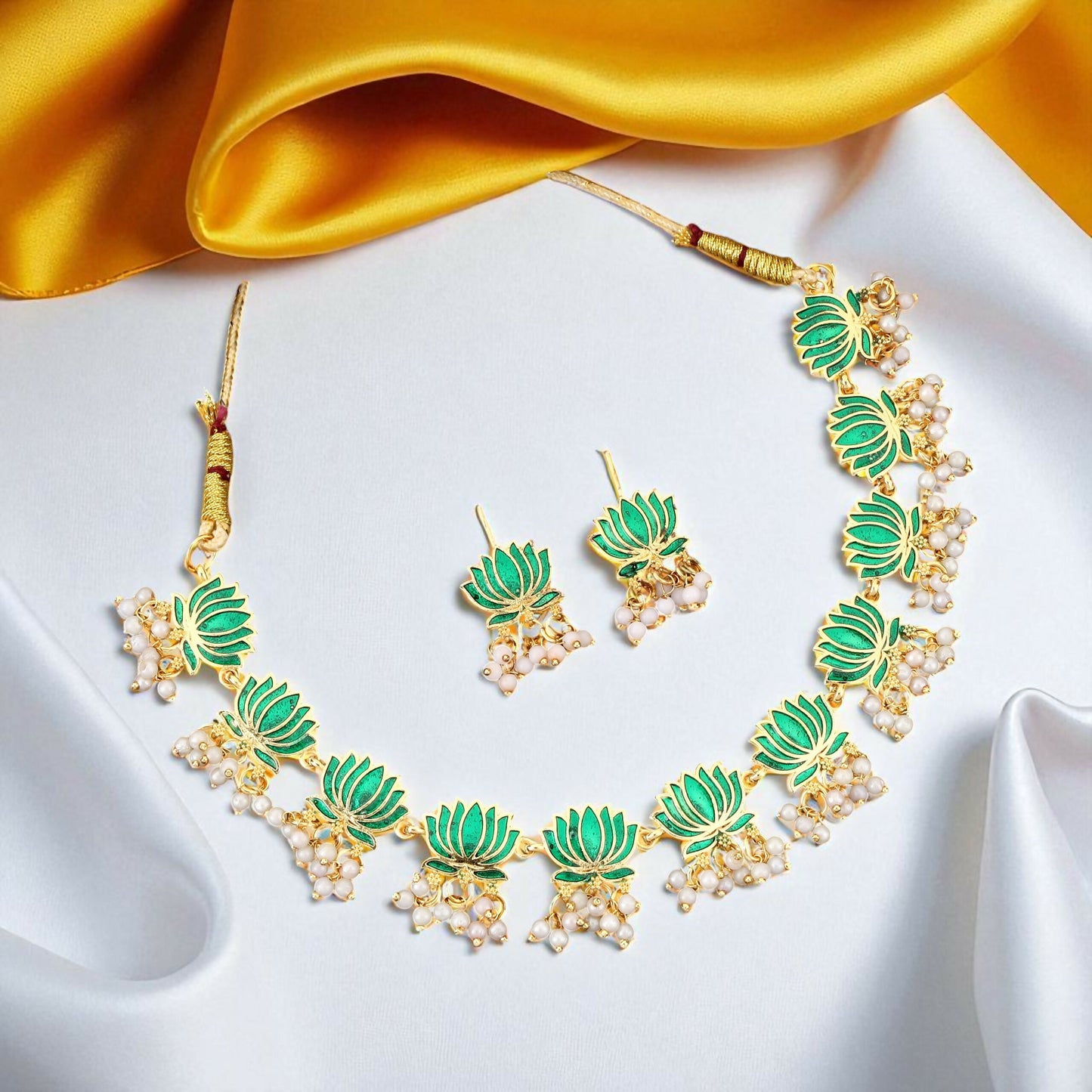 Gold Necklace with Green Lotus & White Beads Pendant for Women Stylish Jewelry