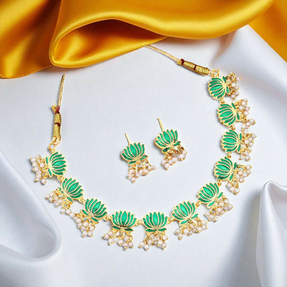 Gold Necklace with Green Lotus & White Beads Pendant for Women Stylish Jewelry