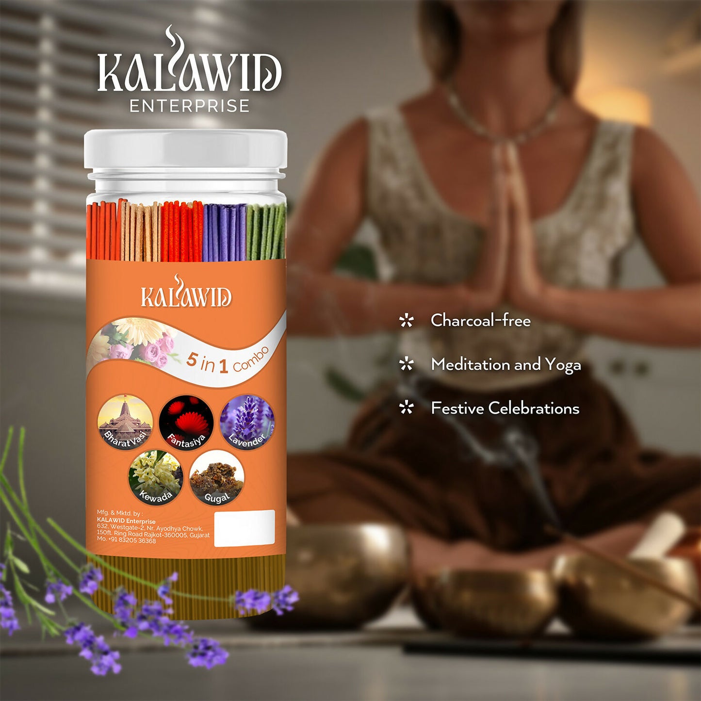 Premium Agarbatti 5 In 1 Combo with Bharatvasi, Fantasiya, Lavender, Kewada, Gugal Fragrances for Relaxation & Daily Use (400 Gm)
