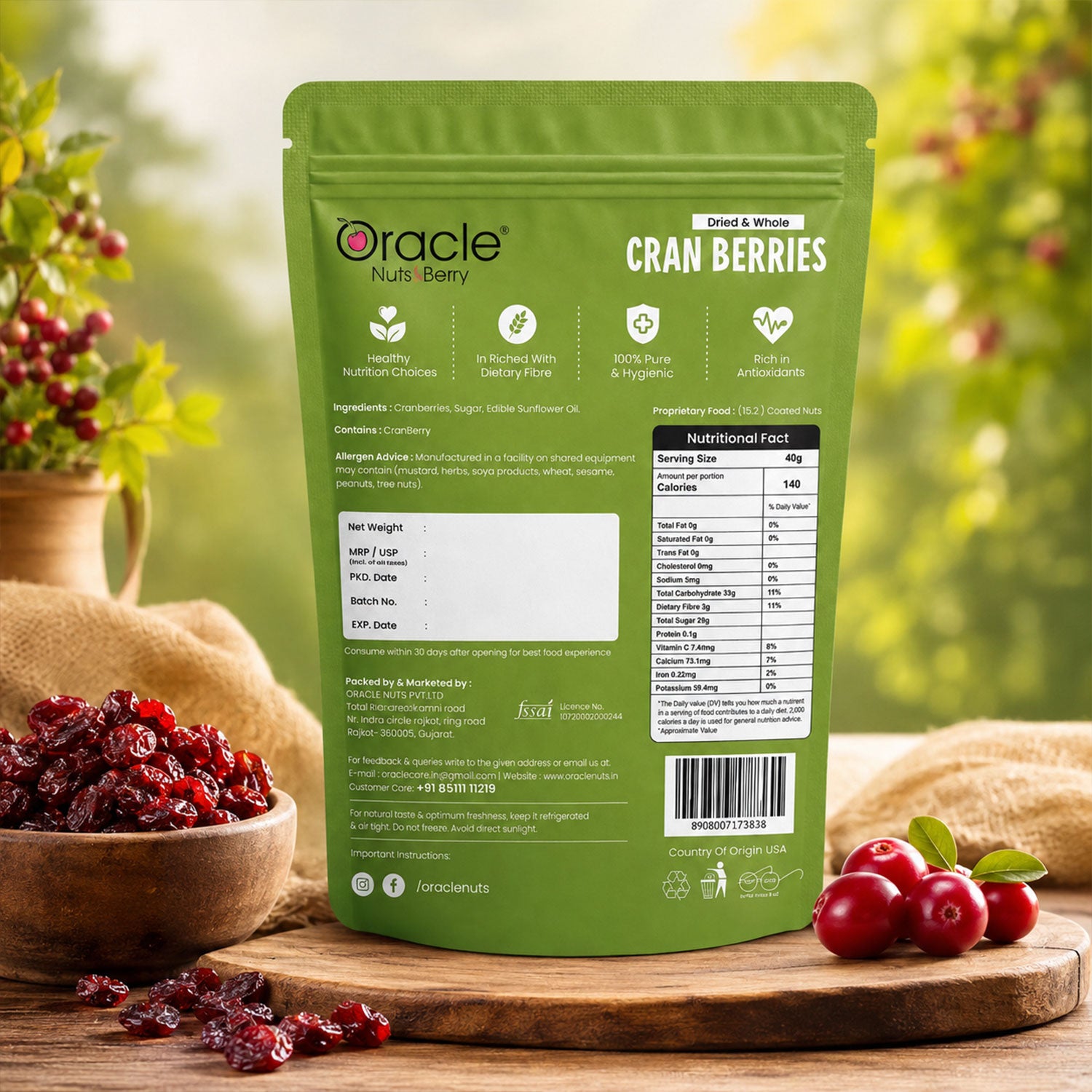 Full pack of Oracle dried cranberries, 250g, ideal for daily use