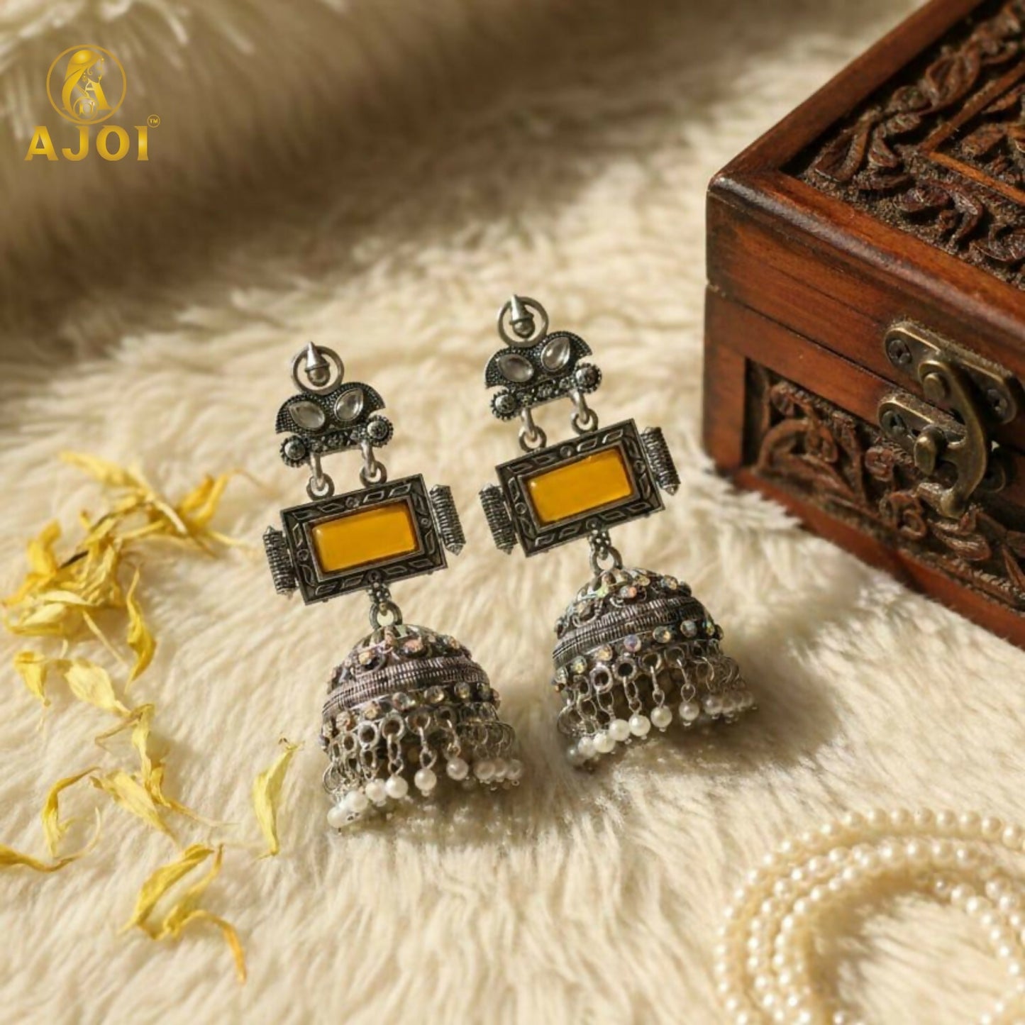 Traditional Oxidized Silver Jhumka Earrings with Yellow Stone & Pearl Hanging.