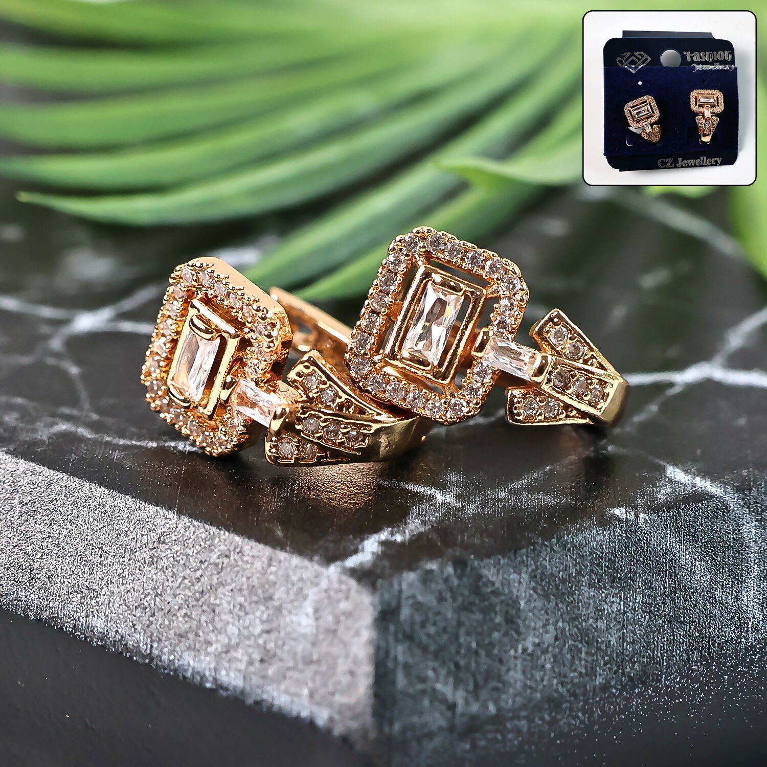Elegant Square Crystal Stud Earrings – Gold-Plated Designer Jewelry for Women