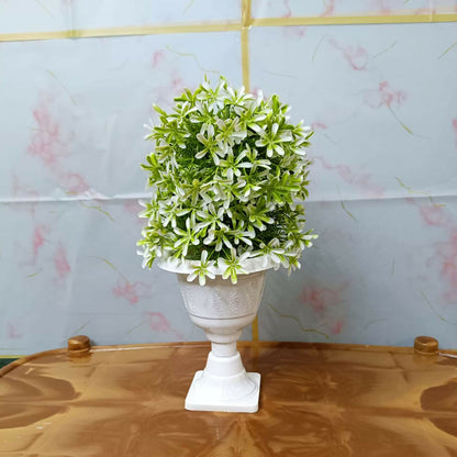Artificial Green White Flower Ball Topiary Plant in White Pedestal Pot Home Decor