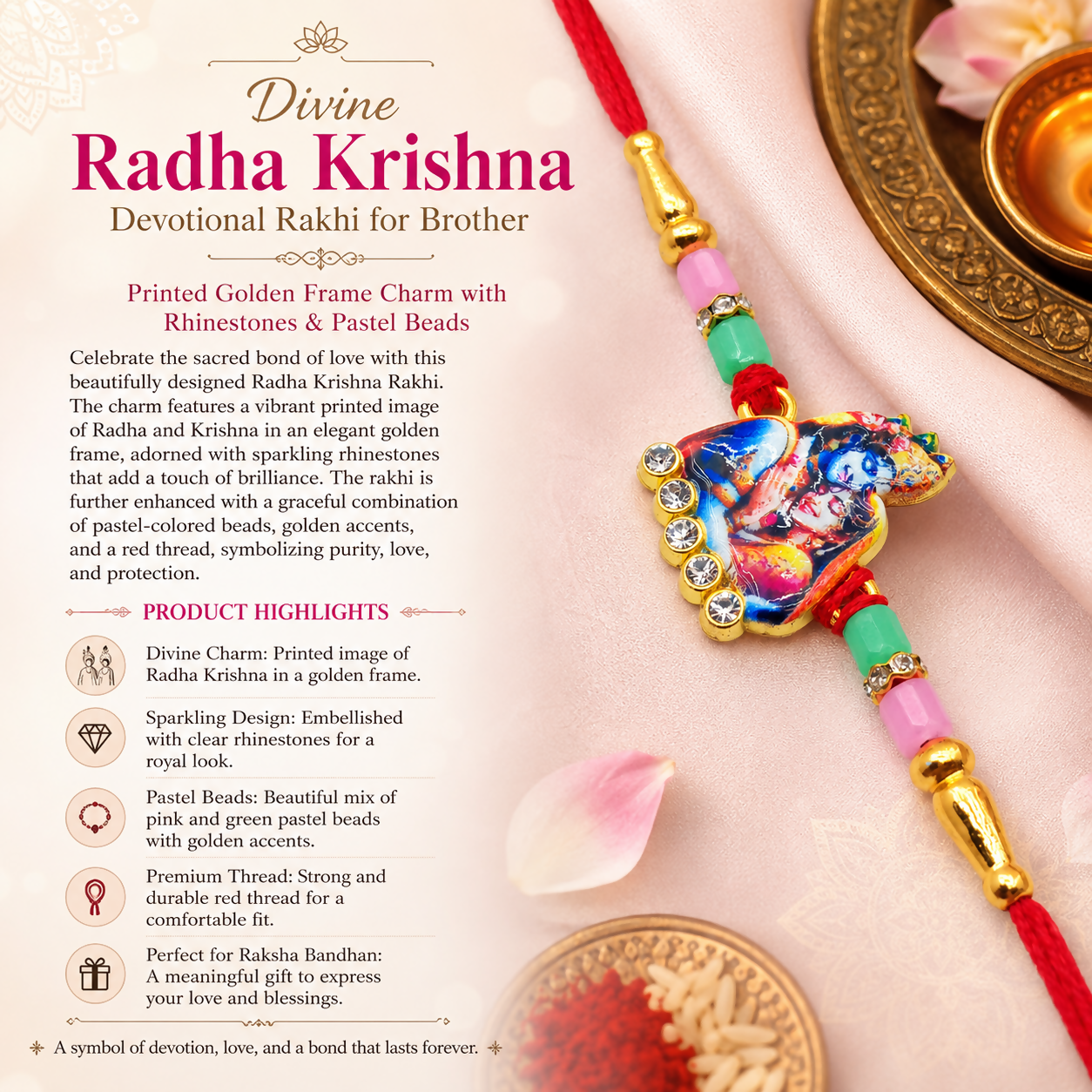 Product highlights for a Divine Radha Krishna Rakhi, with the item itself on a gold background with a pink petal.