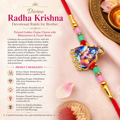 Product highlights for a Divine Radha Krishna Rakhi, with the item itself on a gold background with a pink petal.
