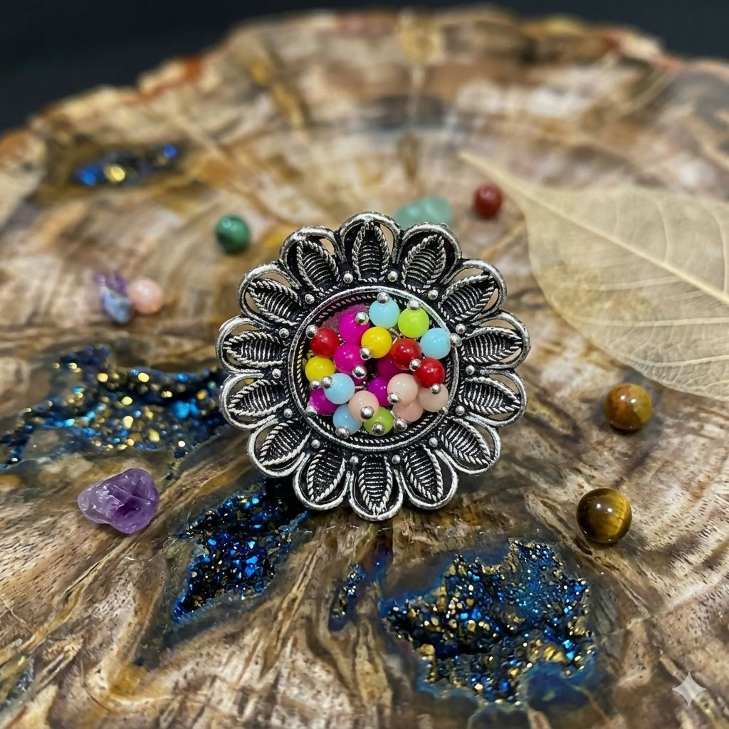 Vintage Floral Statement Ring – Vibrant Beaded Boho Style
