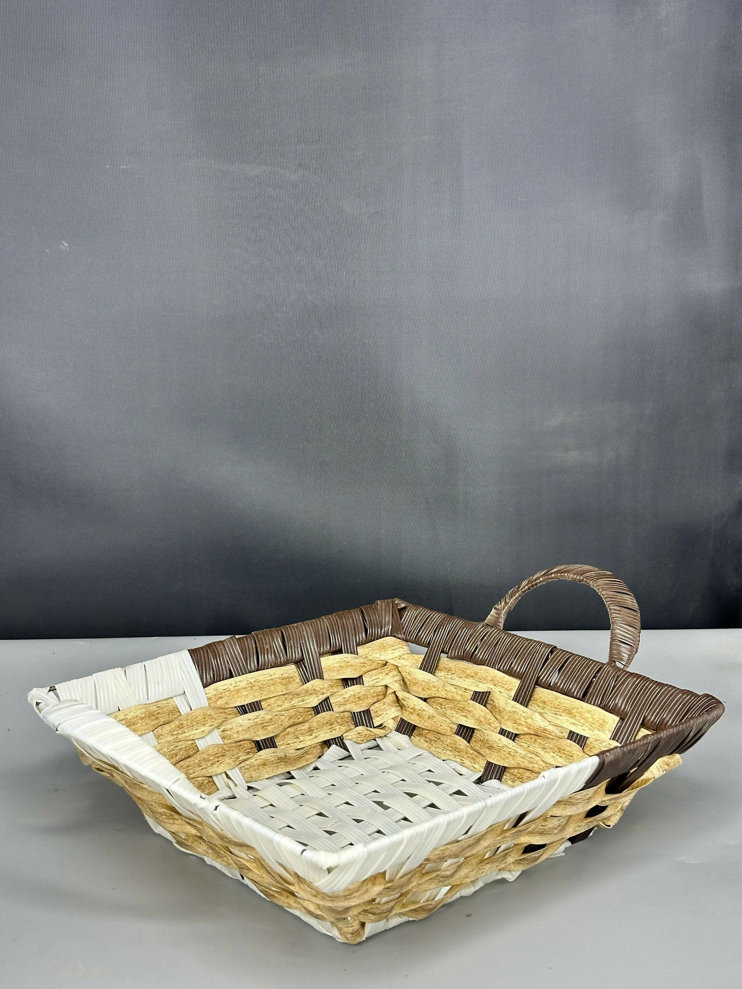 Handcrafted Rectangular Woven Storage Basket – White, Beige & Brown Multipurpose Decorative Organizer with Handle for Fruits, Bread, Snacks, Dry Fruits, Gift Hampers & Table Décor