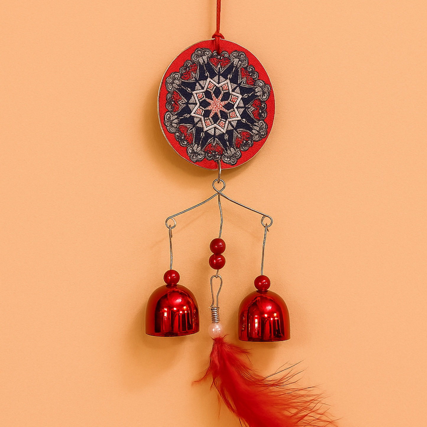 Handcrafted Red Metal Hanging Bell with Feather | Mandala Design Wind Chime for Home, Balcony, Car & Wall Décor | Positive Energy Decorative Hanging with Jingle Sound | Ideal Gift for Festive & Home Decoration