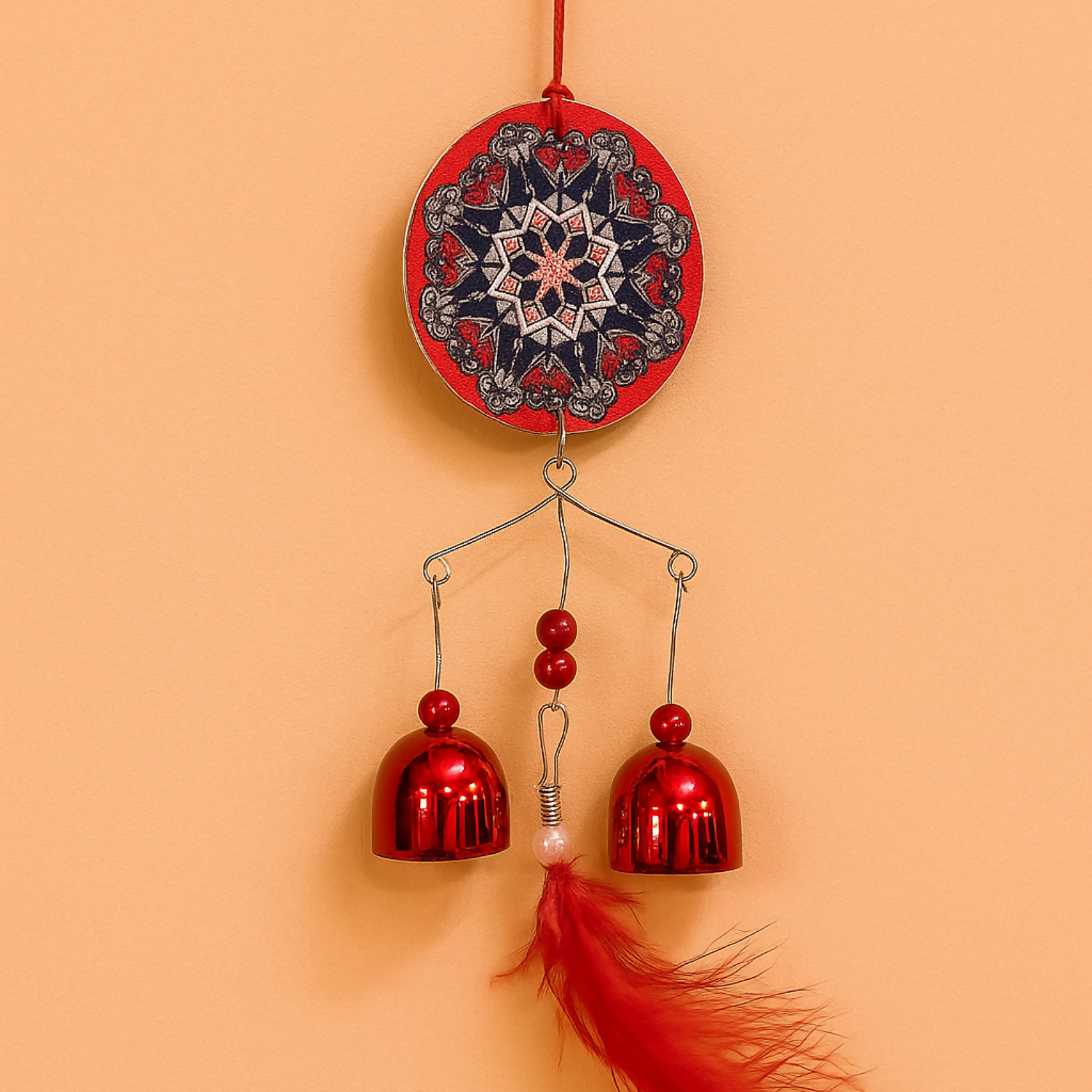 Handcrafted Red Metal Hanging Bell with Feather | Mandala Design Wind Chime for Home, Balcony, Car & Wall Décor | Positive Energy Decorative Hanging with Jingle Sound | Ideal Gift for Festive & Home Decoration