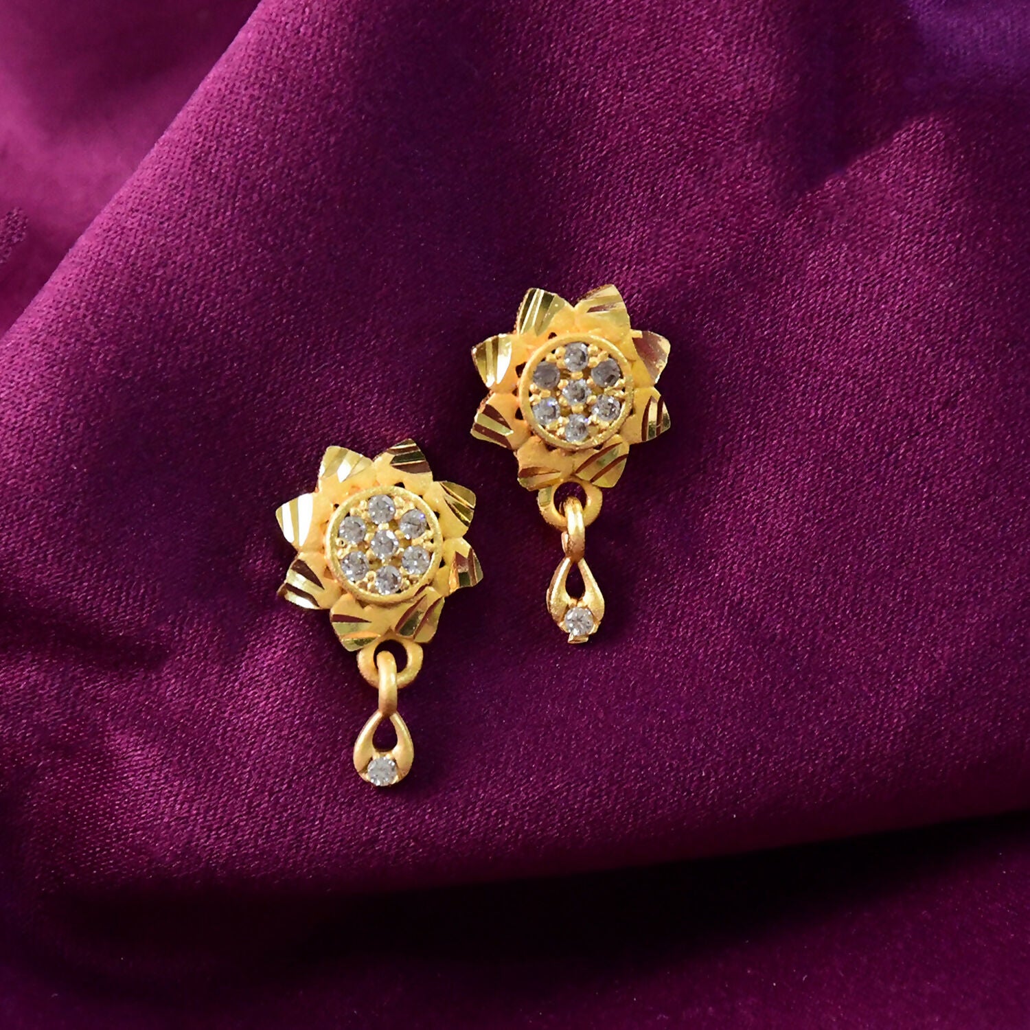 Floral Inspired Gold Finish Drop Earrings with Sparkling Stone Detail