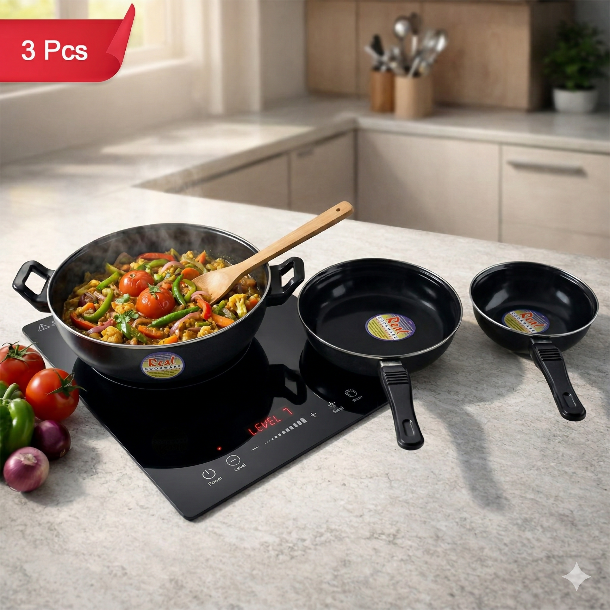 Hard Anodized Cookware Set Kadhai Fry Pan Tadka Pan Heavy Duty Kitchen Set (3 Pc)