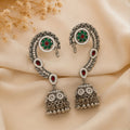 Oxidized Silver Peacock Jhumka Earrings with Red Green Stones for Women