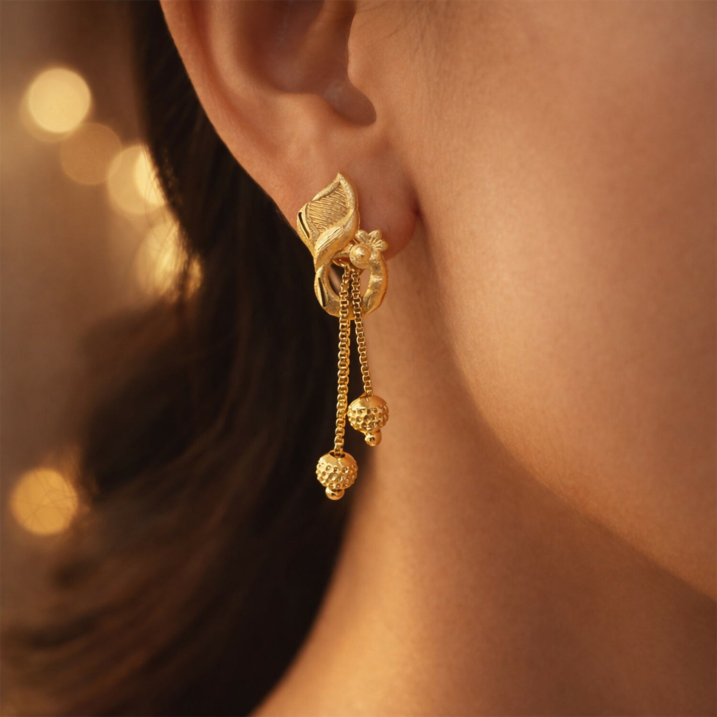 Elegant Gold-Toned Ethnic Earrings Set with Floral Peacock Design & Beads (2 Pair)