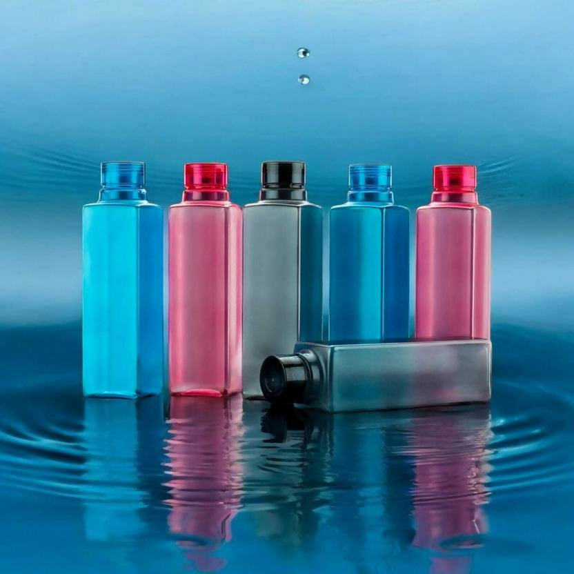Square Shape Plastic Water Bottles Pink, Blue, Black (6Pc/1000Ml)