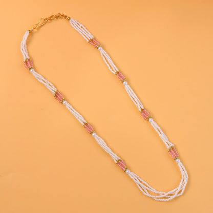 Pink segment accents on pearl beaded mala necklace, stylish jewelry