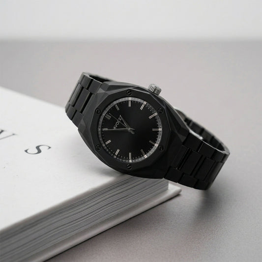 Luxury Matte Black Analog Watch with Geometric Dial Design & Metal Strap