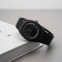 Luxury Matte Black Analog Watch with Geometric Dial Design & Metal Strap
