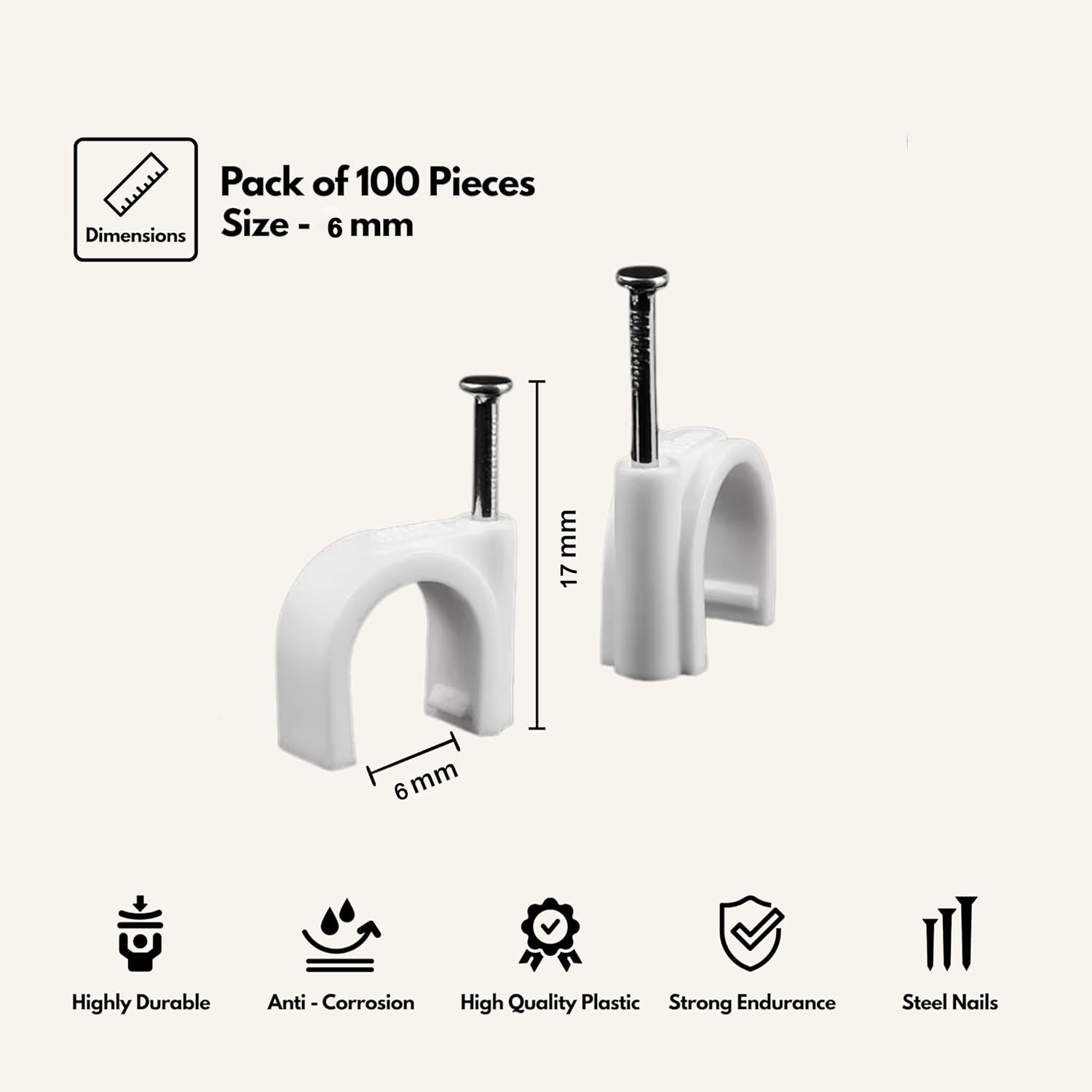 Premium Cable Management Nail Clips for Wire Organization (100 Pc / 6mm)