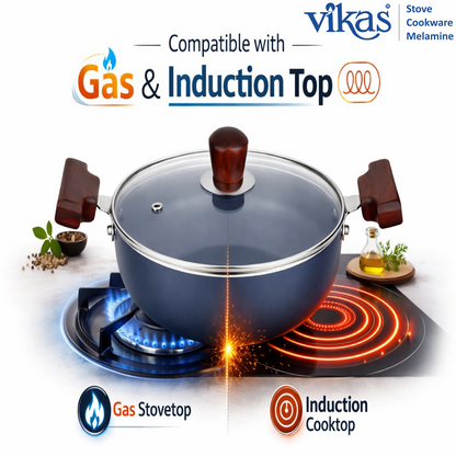 Side view of Vikas Ceramic Deep Kadai with lid and handles