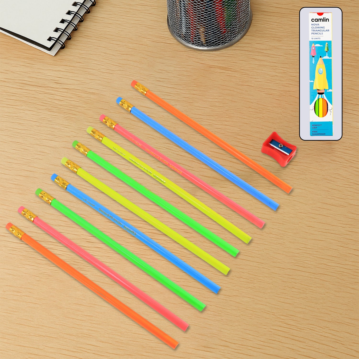 Camlin Nova Glowing Triangular Pencils – Pack of 10 Neon Shades with Free Sharpener