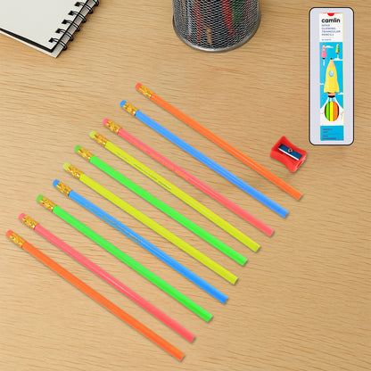 Camlin Nova Glowing Triangular Pencils – Pack of 10 Neon Shades with Free Sharpener