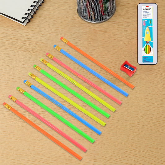 Camlin Nova Glowing Triangular Pencils – Pack of 10 Neon Shades with Free Sharpener