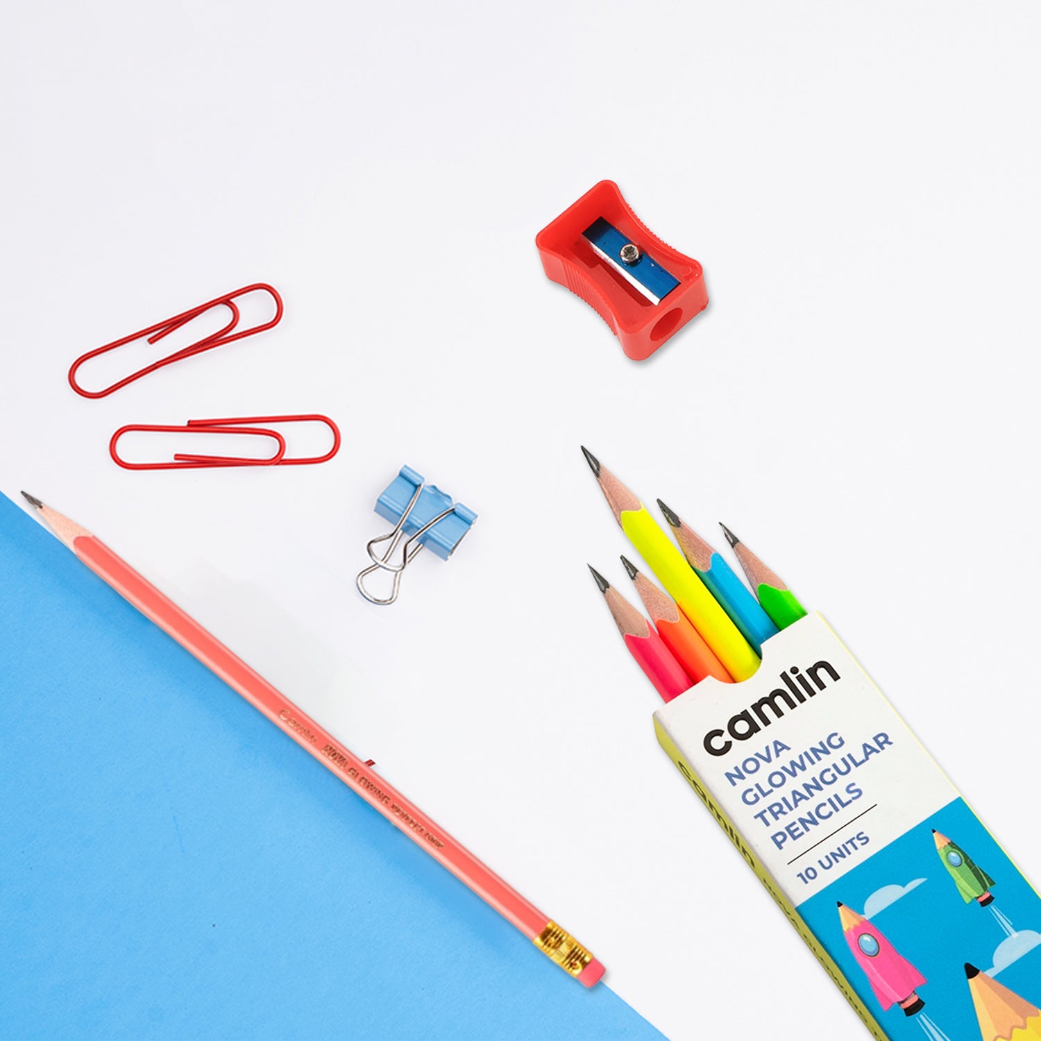 Camlin Nova Glowing Triangular Pencils – Pack of 10 Neon Shades with Free Sharpener