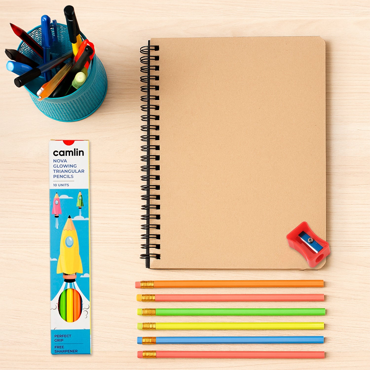 Camlin Nova Glowing Triangular Pencils – Pack of 10 Neon Shades with Free Sharpener