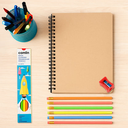 Camlin Nova Glowing Triangular Pencils – Pack of 10 Neon Shades with Free Sharpener
