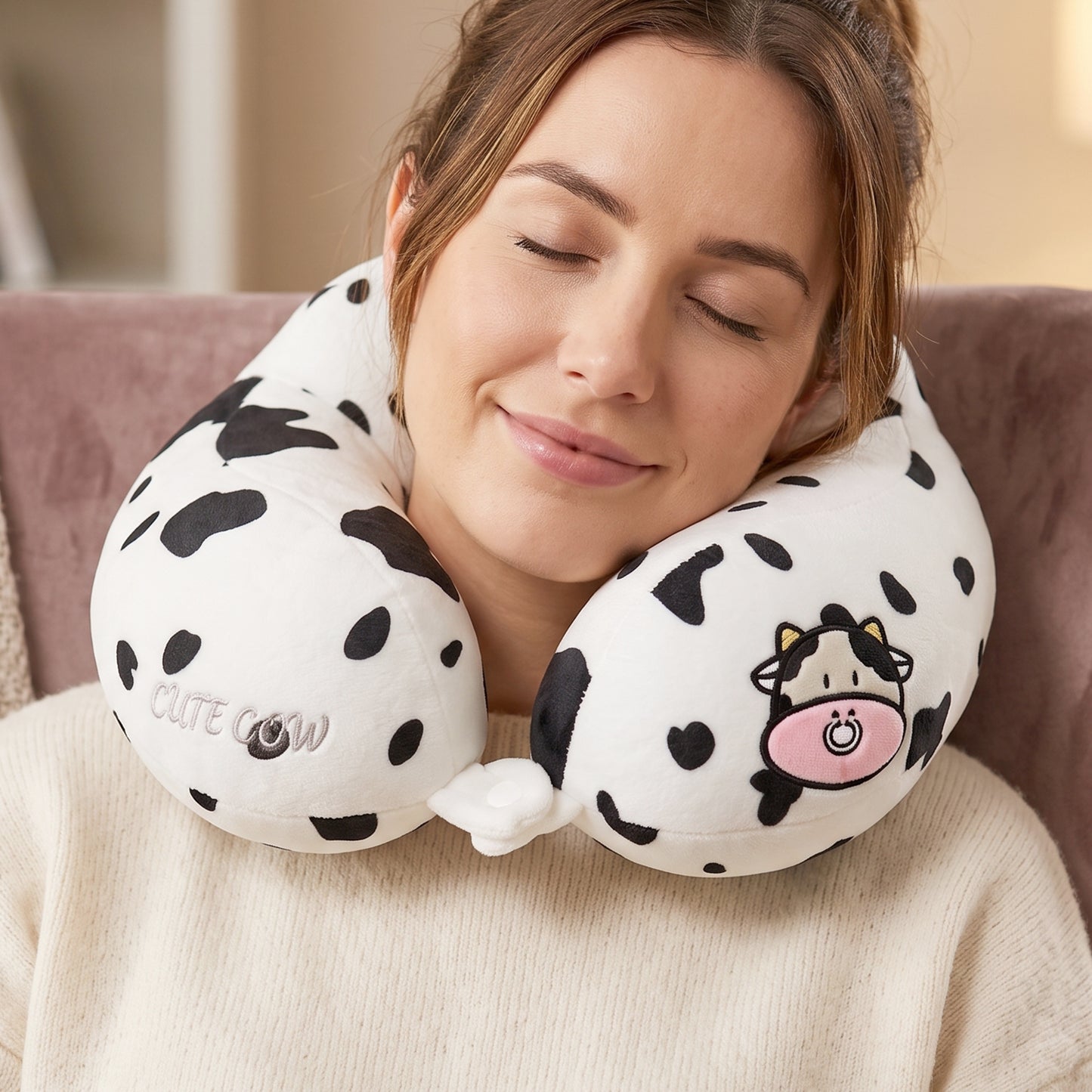 U-Shaped Travel Neck Pillow, Cute Cow Print Soft Plush Pillow for Travel (1 Pc)