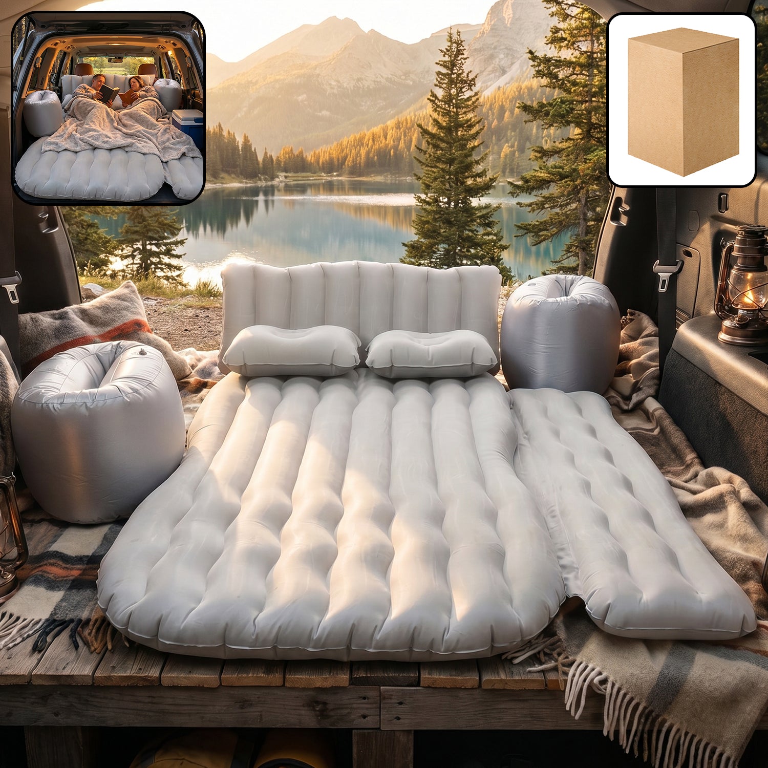 Portable car air mattress bed with pillows and electric pump