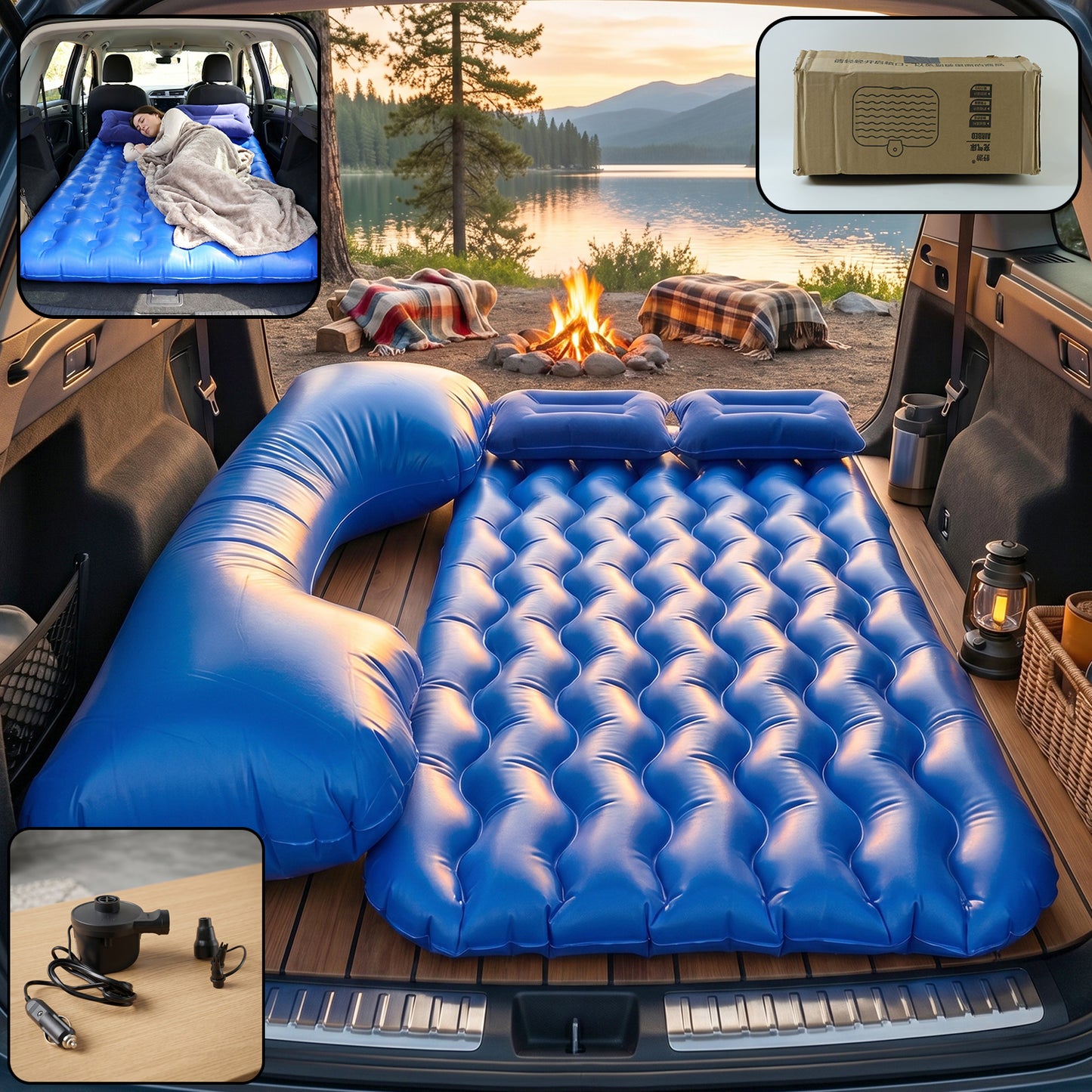 Inflatable car air mattress bed set for travel