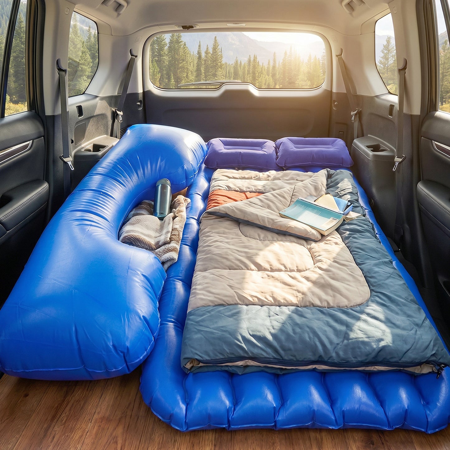 Inflatable car mattress for rear seat comfort
