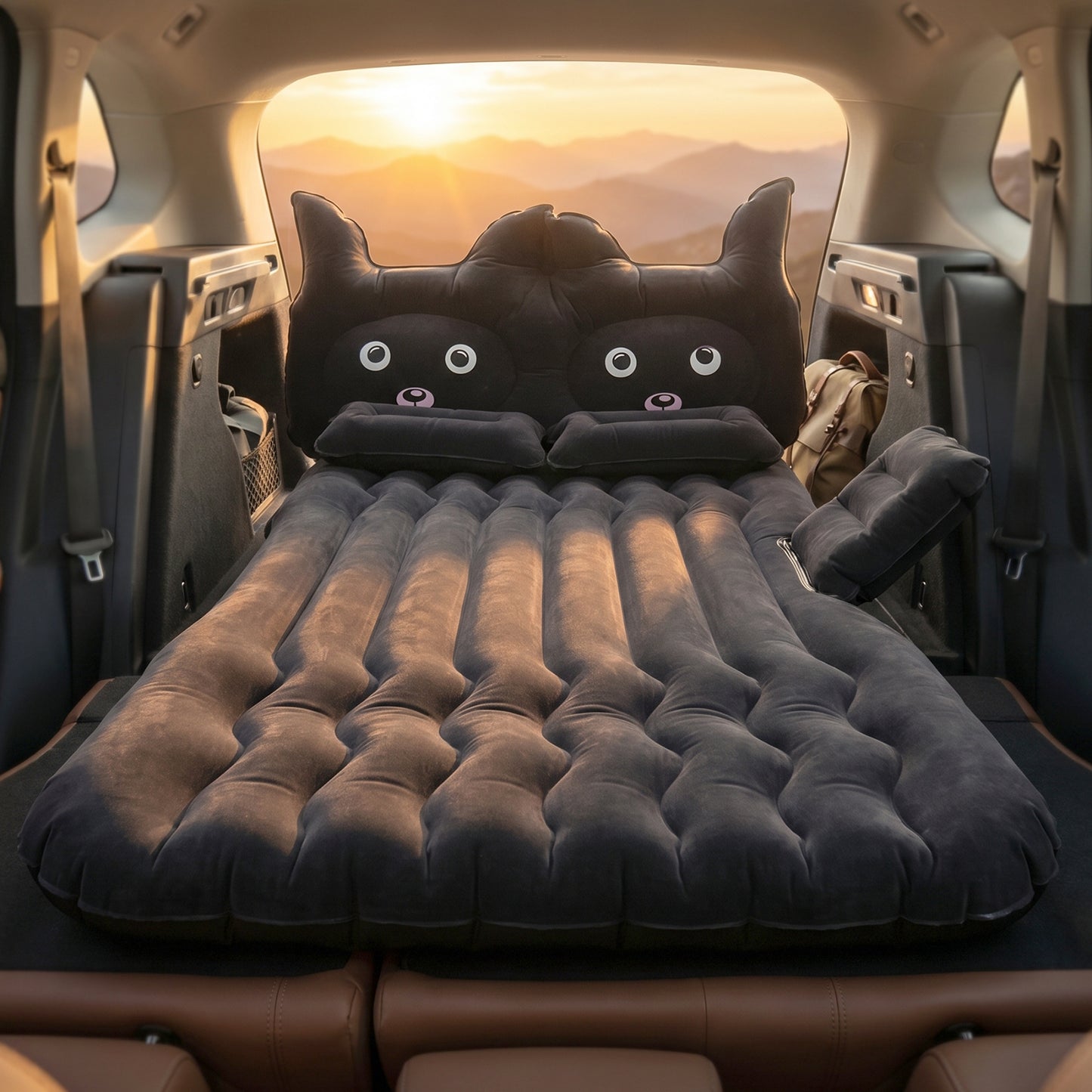 Black Cat Pillow on Inflatable Car Mattress