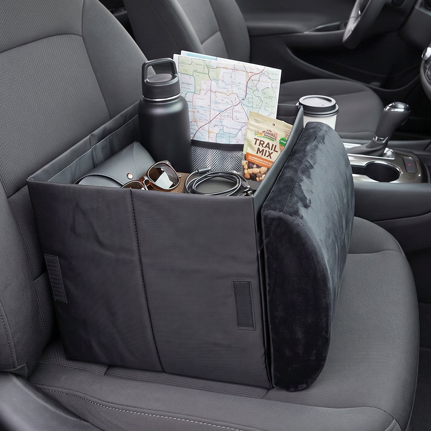 Foldable Car Organizer Box, Front Seat Storage with Fold-Out Armrest Cushion (1 Pc)