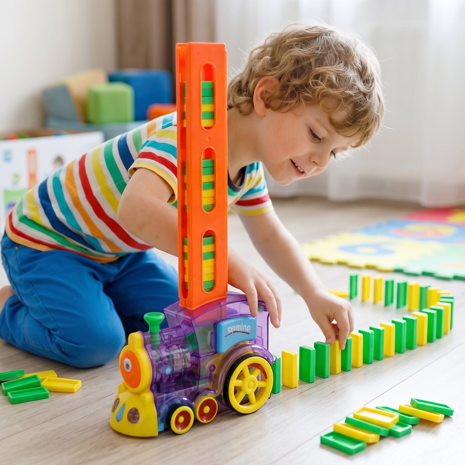 Automatic Domino Laying Train Engine Toy with Light and Music for Kids (1 Pc)