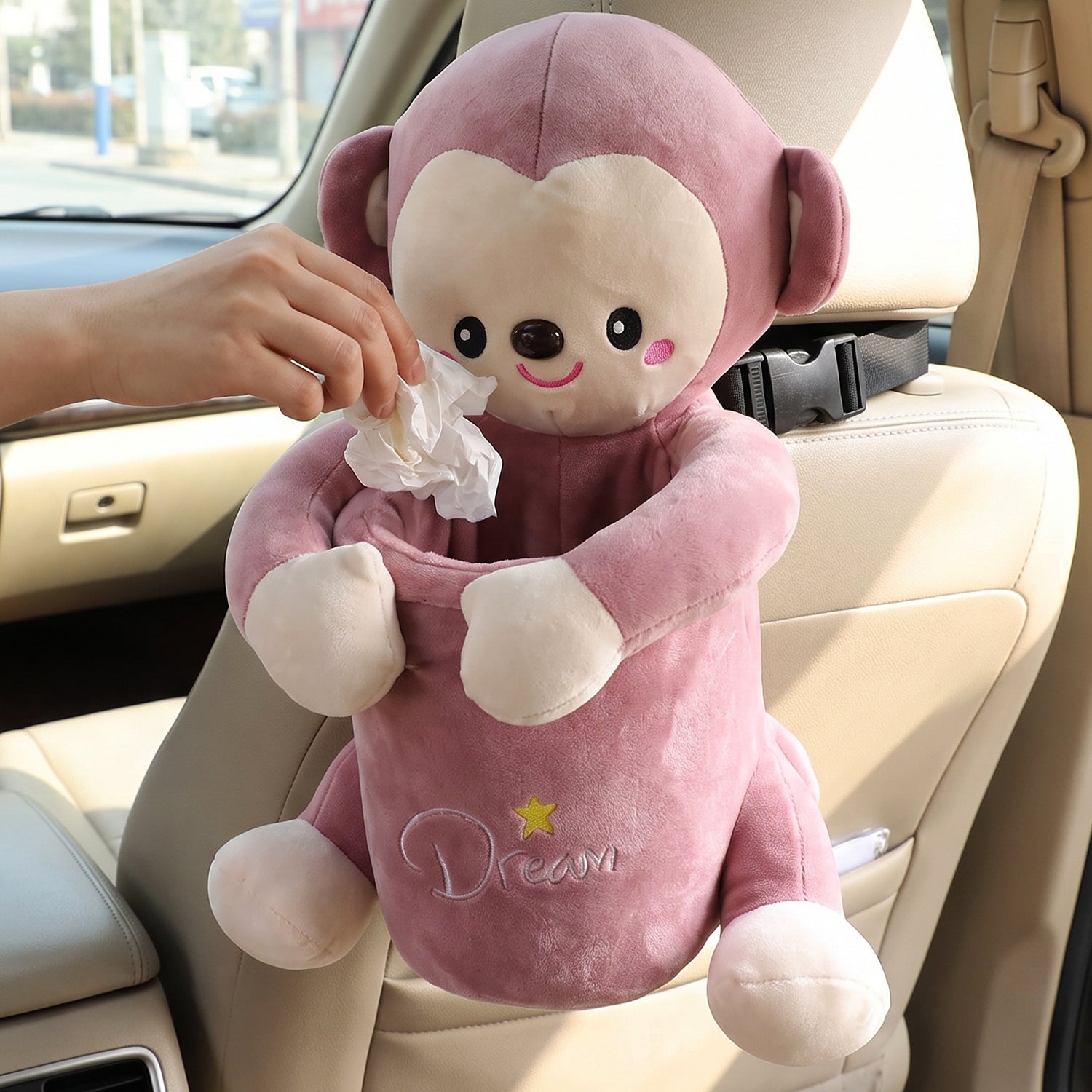 Car Trash Can and Tissue Box Holder Cute Plush Monkey Dustbin Organizer (1 Pc)