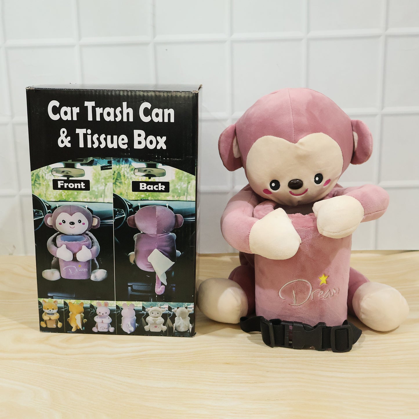 Car Trash Can and Tissue Box Holder Cute Plush Monkey Dustbin Organizer (1 Pc)