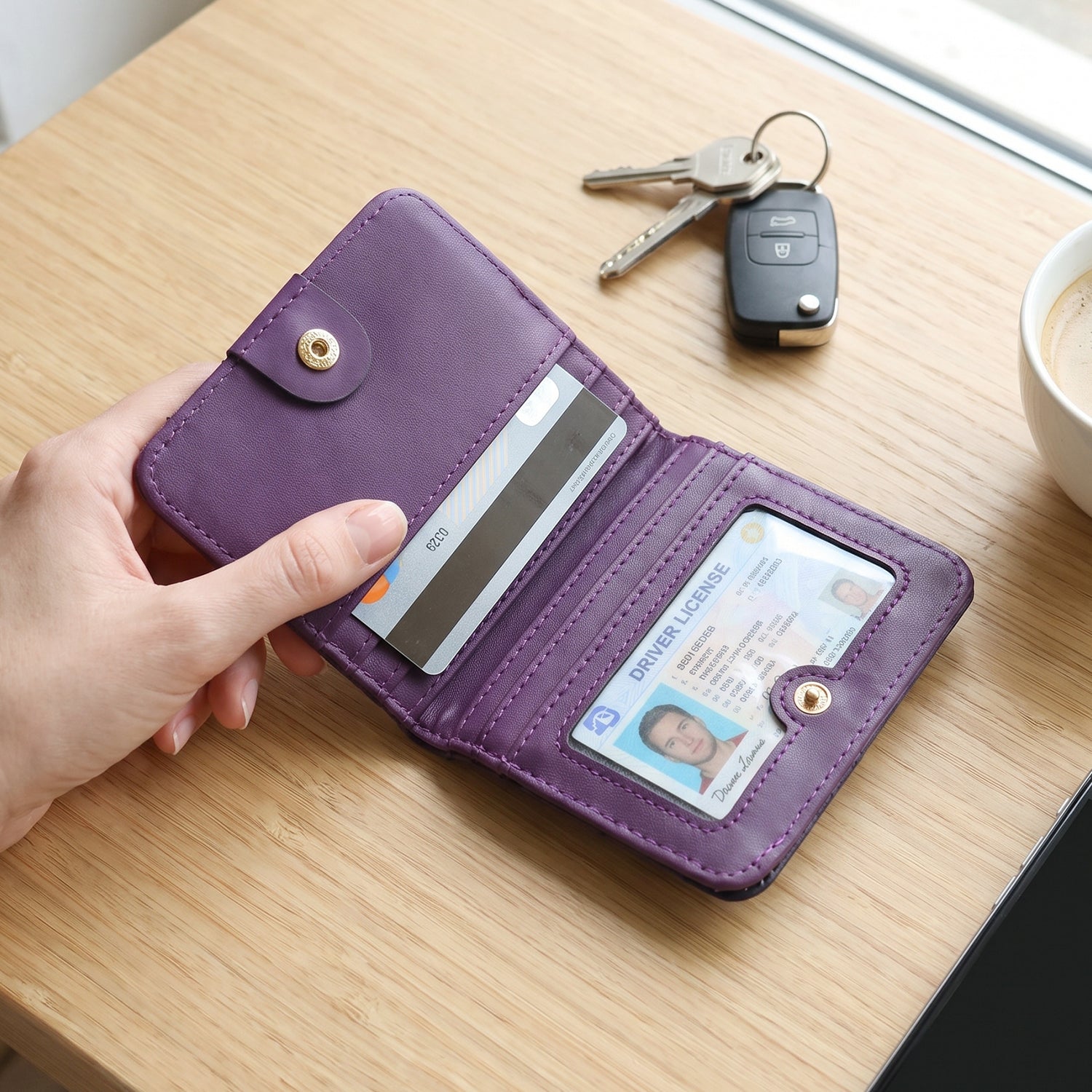 Compact PU Leather Bifold Wallet with Coin Zip Card Slots and ID Window (1 Pc)
