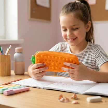 Carrot-themed Pop It pencil pouch with bubble surface